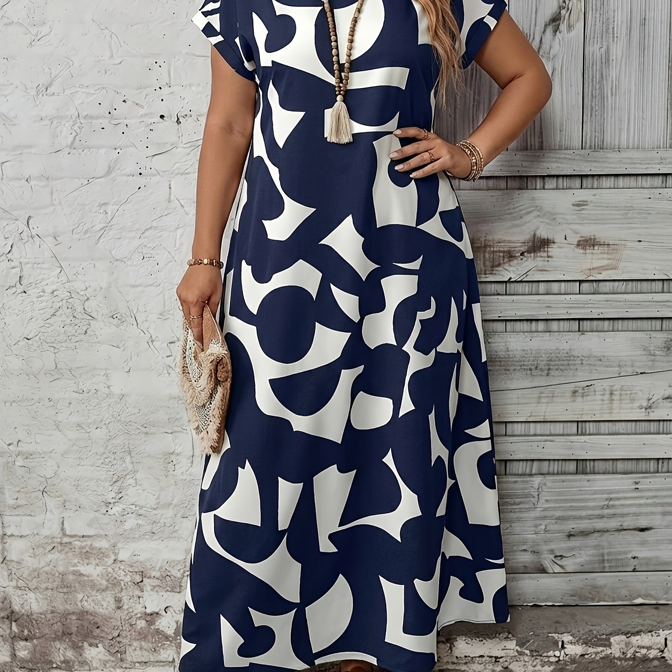 TEMU Plus Size, Plus-size Women's Elegant Round Neck Geometric Print Maxi Dress, Summer Fashion Dress, Essential For Vacation And