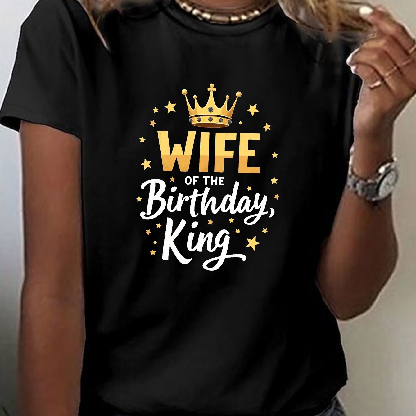 TEMU Women's "wife Of The Birthday King" Graphic T-shirt - Short Sleeve Crew Neck Casual Top With Crown & Stars Print, Medium -washable Fabric, Fit