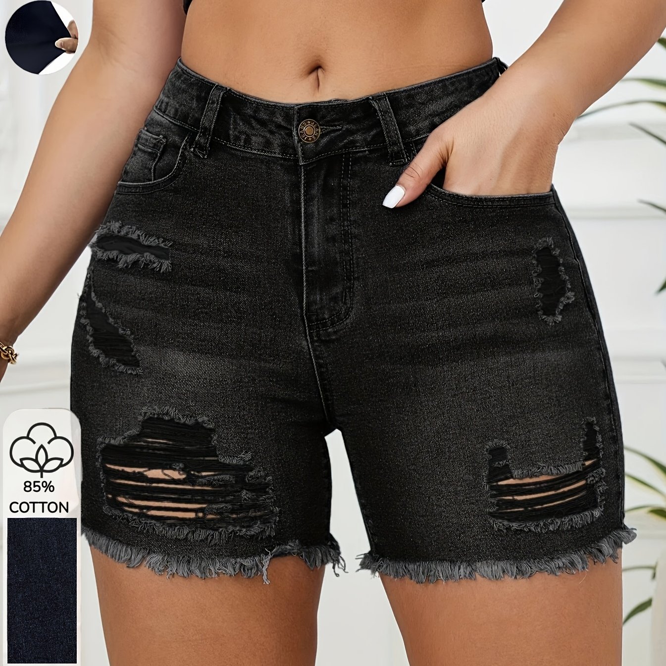 Image of Solorn High-elasticity Distressed Denim Shorts With Frayed Edges - Casual Summer Shorts Suitable For Spring/summer, Machine Washable Denim Shorts
