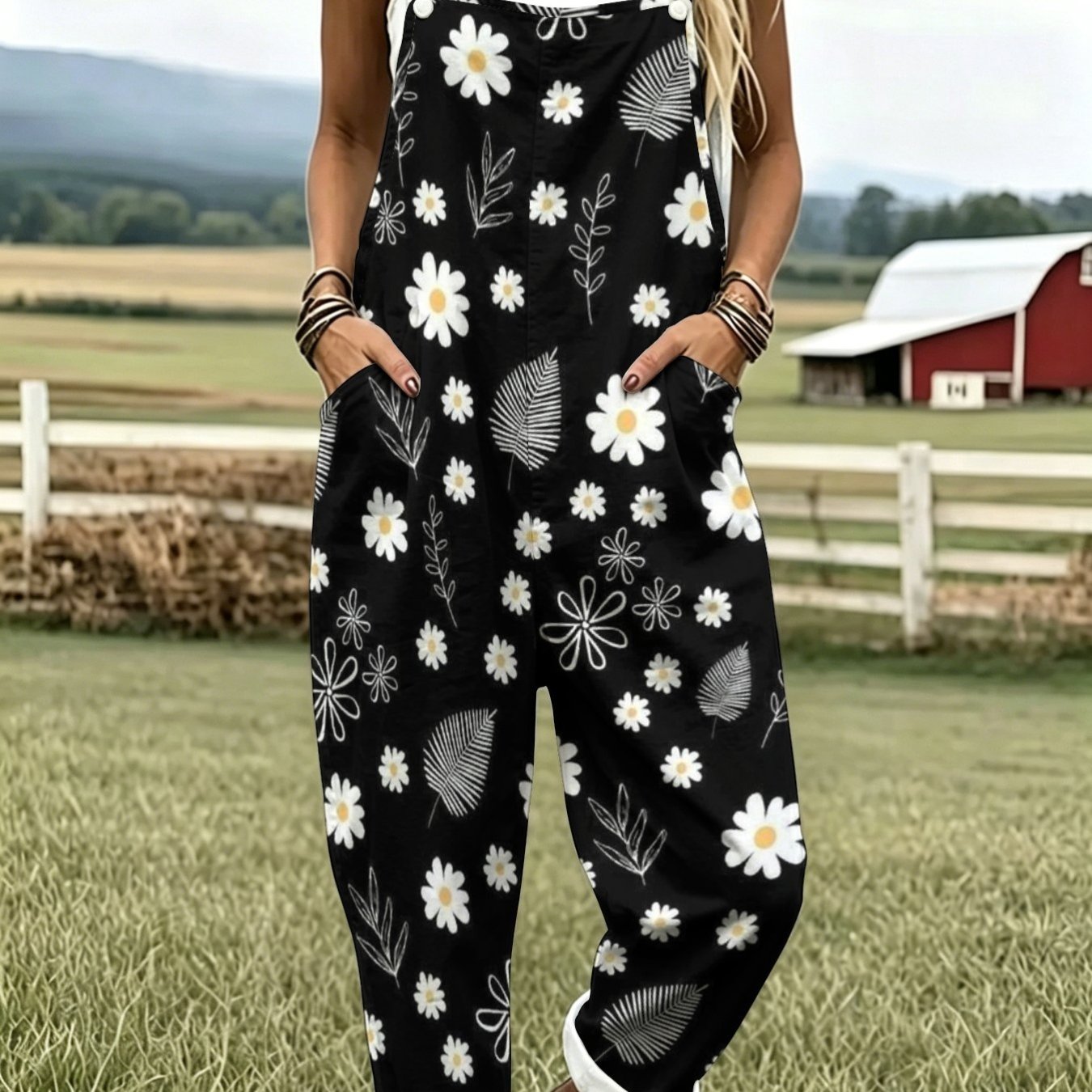 TEMU Women's Leisure Overalls Petal Fashion Sleeveless Button Design With Pockets Suitable For Vacation And Daily Wear Loose Fit