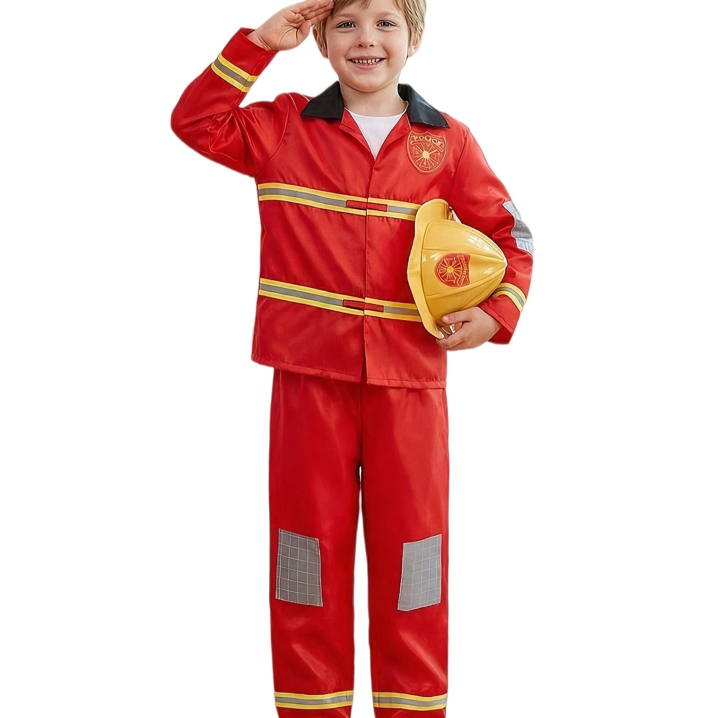 Image of Kids Fireman Dress Up , 3pcs (top+pants+hat) Firefighter Role Play Outfit For Pretend Play & Themed Parties, Halloween & , Perfect For Party & Performance
