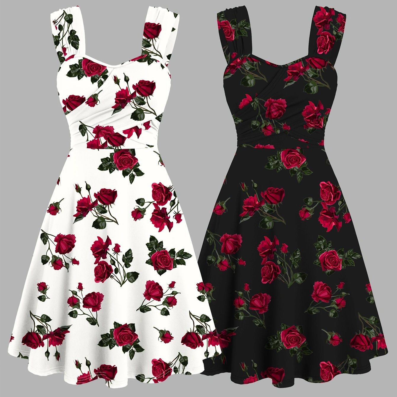 2pcs Set Women's Rose Print Front Ruched Wide Strap Off-shoulder Elegant Casual Dress