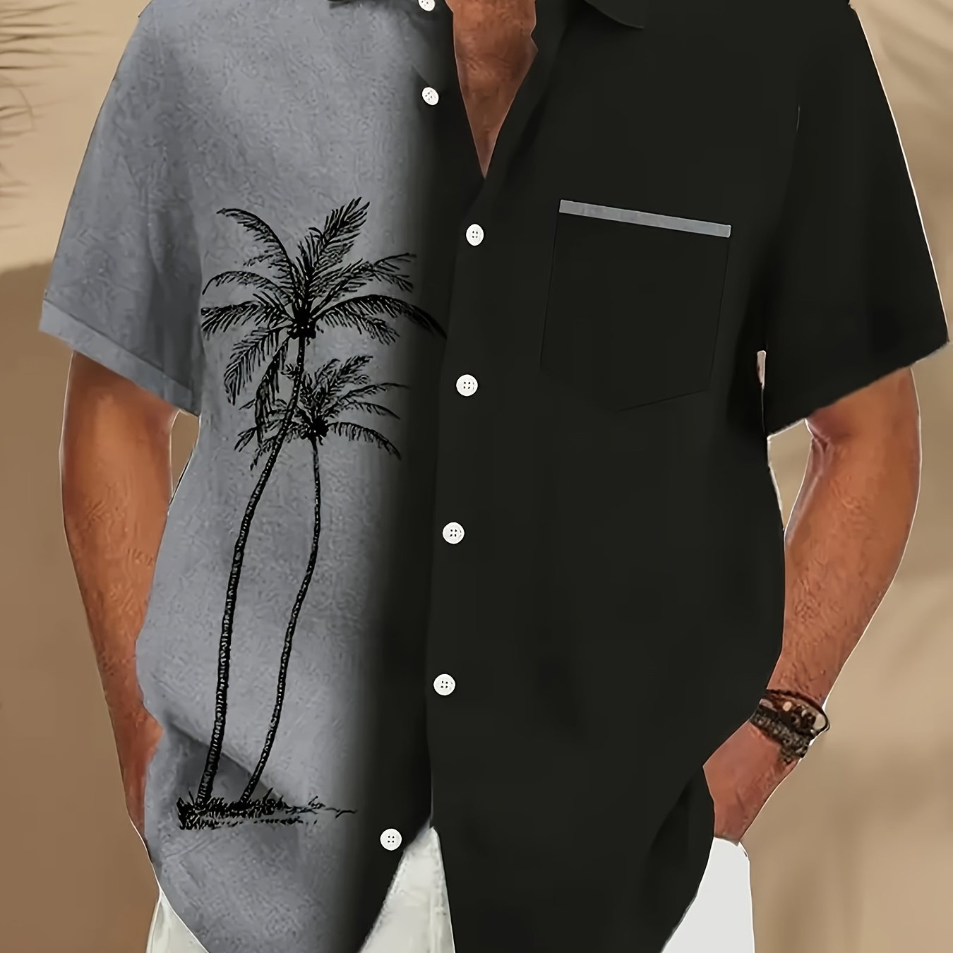 Coconut Tree Print Men's Vintage Casual Short Sleeve Shirt With Chest Pocket, , Plus Size
