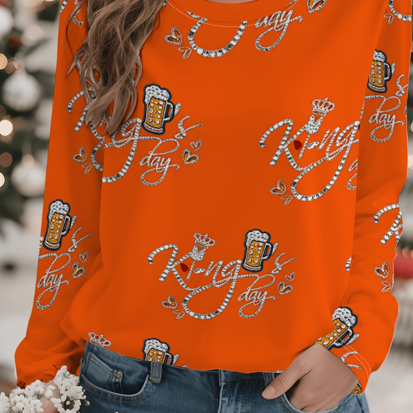 TEMU Women's Spring/summer 2d Printed Plain Beer Crown Print Round Neck Long Sleeve T-shirt Loose Fit Casual Versatile Top