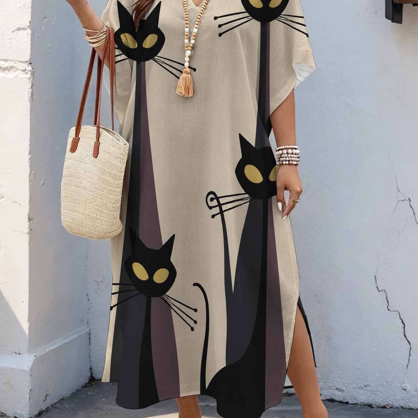 Image of Plus Size, Plus Size Women's 08xl Midcentury Modern Minimalist Style, Black Cat Print Maxi Dress, Batwing Sleeve Dress With Double Side Slits, Loose Casual Summer Dress For Curvy Women