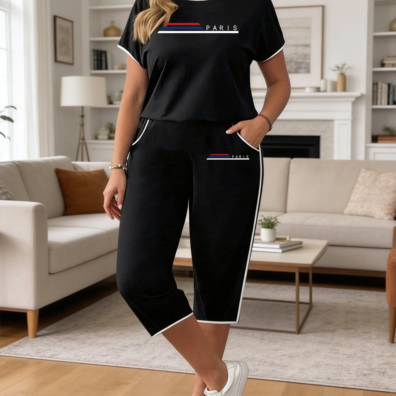 TEMU Plus Size - Plus Size - Summer Plus-size Women'-piece Set Featuring Striped Printed Short-sleeve T-shirt With Pockets And Three-quarter Pants,
