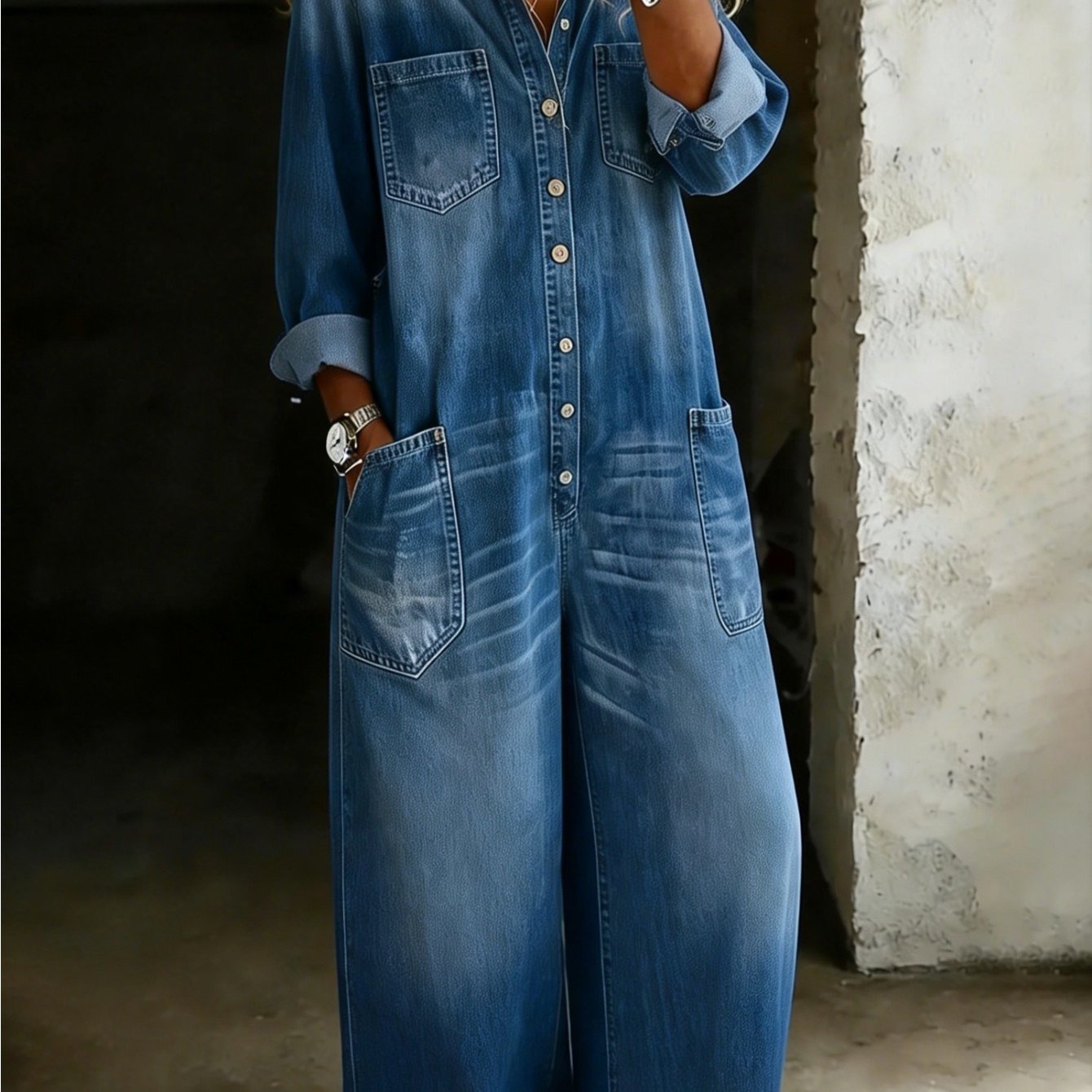 TEMU Women Lapel Button Denim Jumpsuit Roll Up Long Sleeve Loose Wide Leg Overall With Chest And Side Pockets