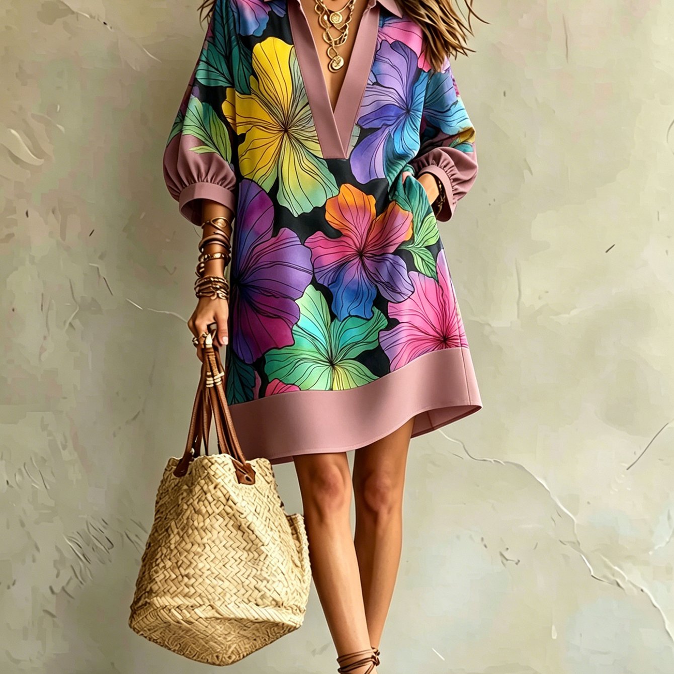 Image of Women's Summer Dress, Oversized Colorful Floral Print, Lapel V-neck, Loose Straight Silhouette, , Flattering & Breathable, Perfect For , Daily , Beach Parties, Casual Summer Events, Comfortable F