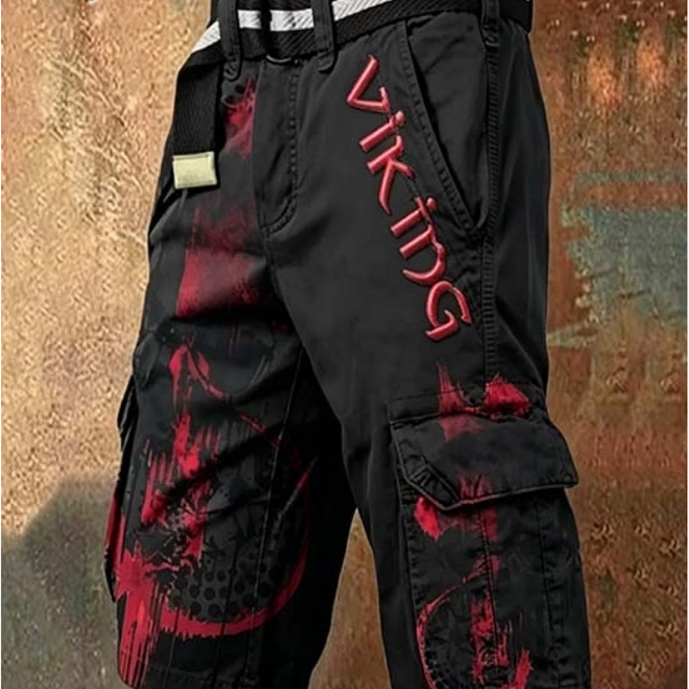 Image of Men's -style Black With Red Graffiti & Embroidered Letter Print Plus Size Cargo Shorts Washed Vintage Texture And Skin-friendly Breathable Comfortable Multi-pocket Five-point Mid-length Pants Bo