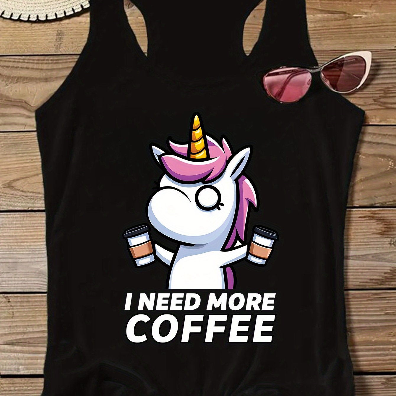 TEMU Coffee Unicorn Print Sleeveless Tank Top, Fashion Women's Summer Clothing Polyester Stretchy Vest