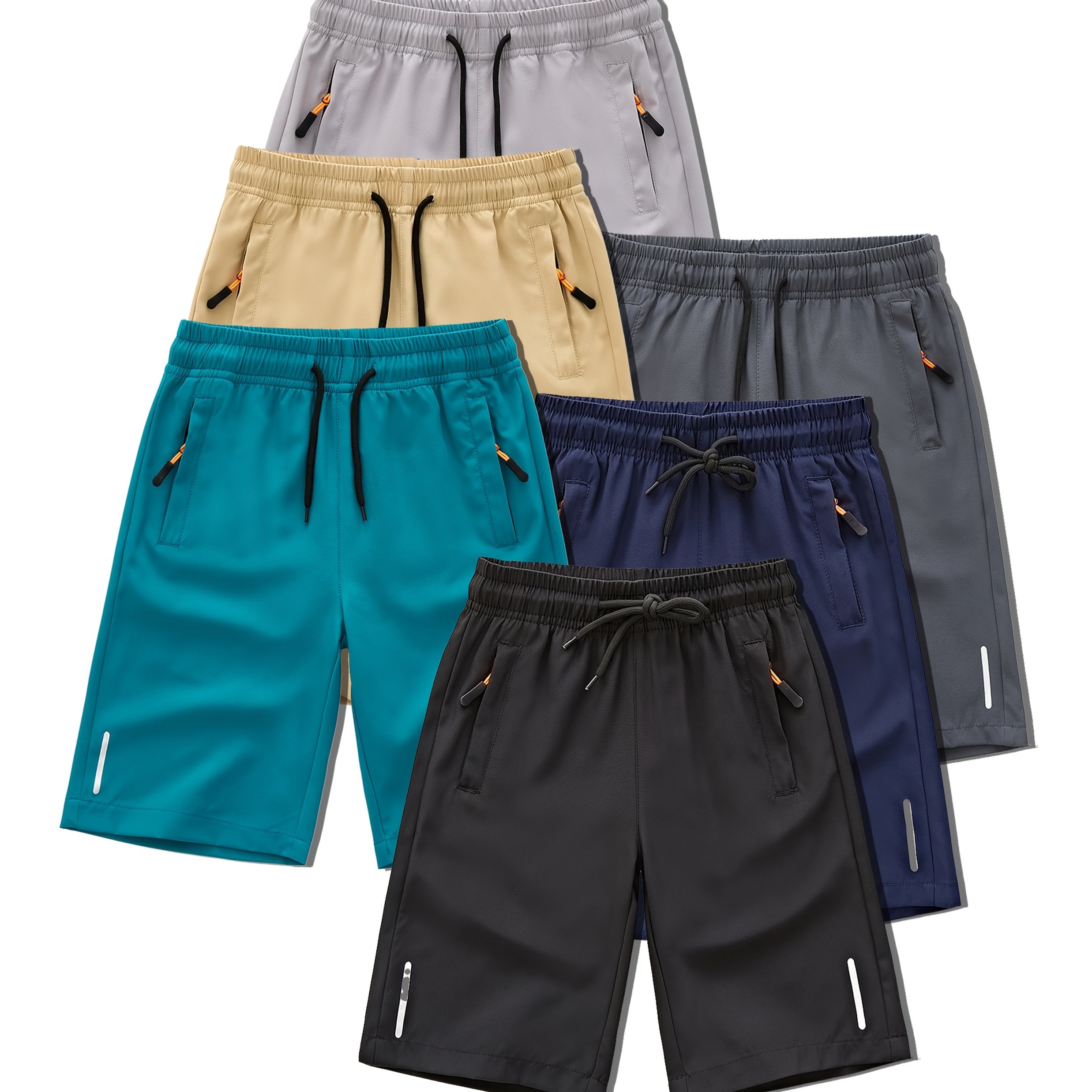 Image of 6pcs Set Boys' Summer Casual Cooling Fashion Trendy Sports Drawstring Zipper Pocket Shorts, For Outdoor