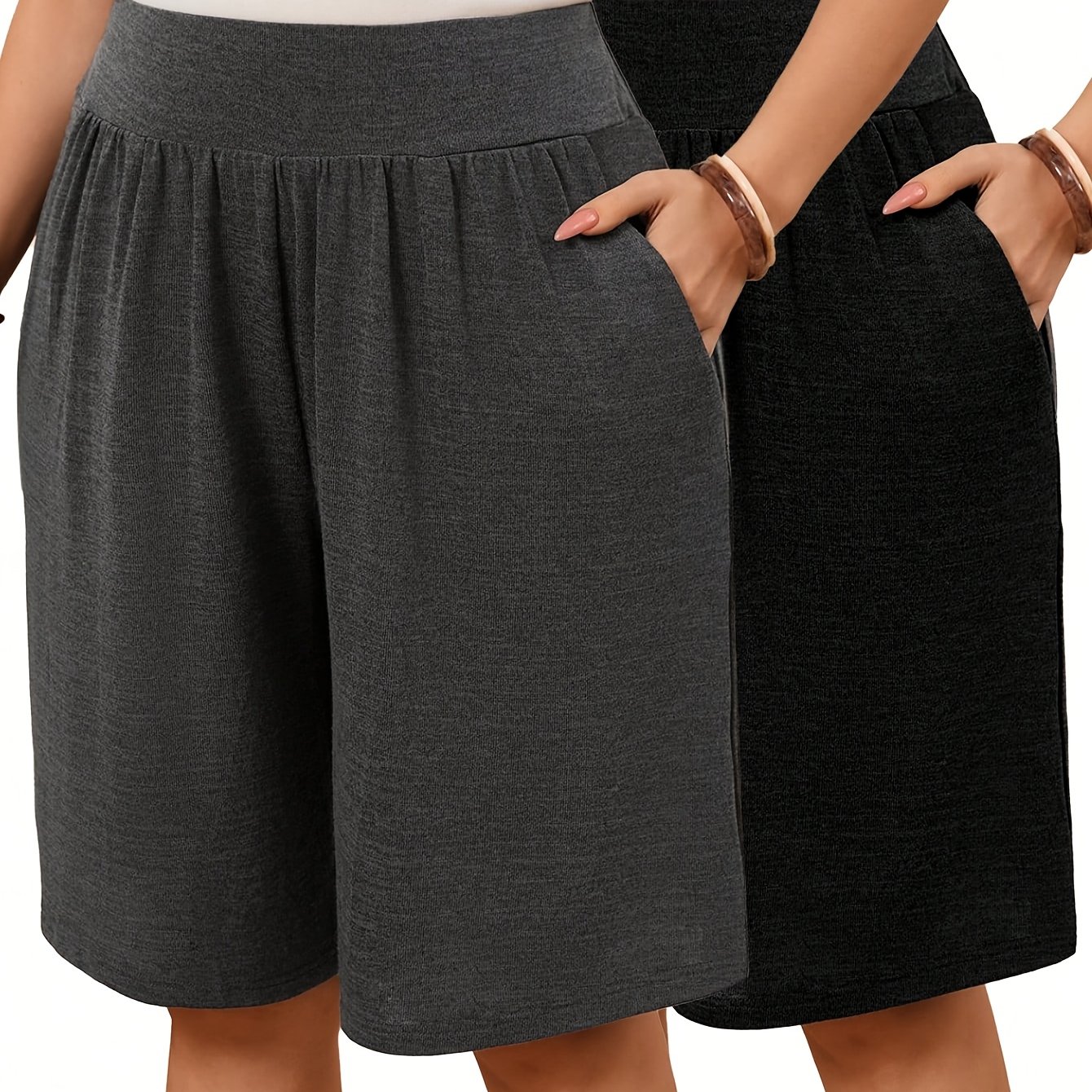 Image of Plus Size, 2pcs Plus Size Women's Black And Grey Knee Length Shorts Set, Short Outfits For Women, Loose Bermuda Shorts, Summer Casual Casual Attire