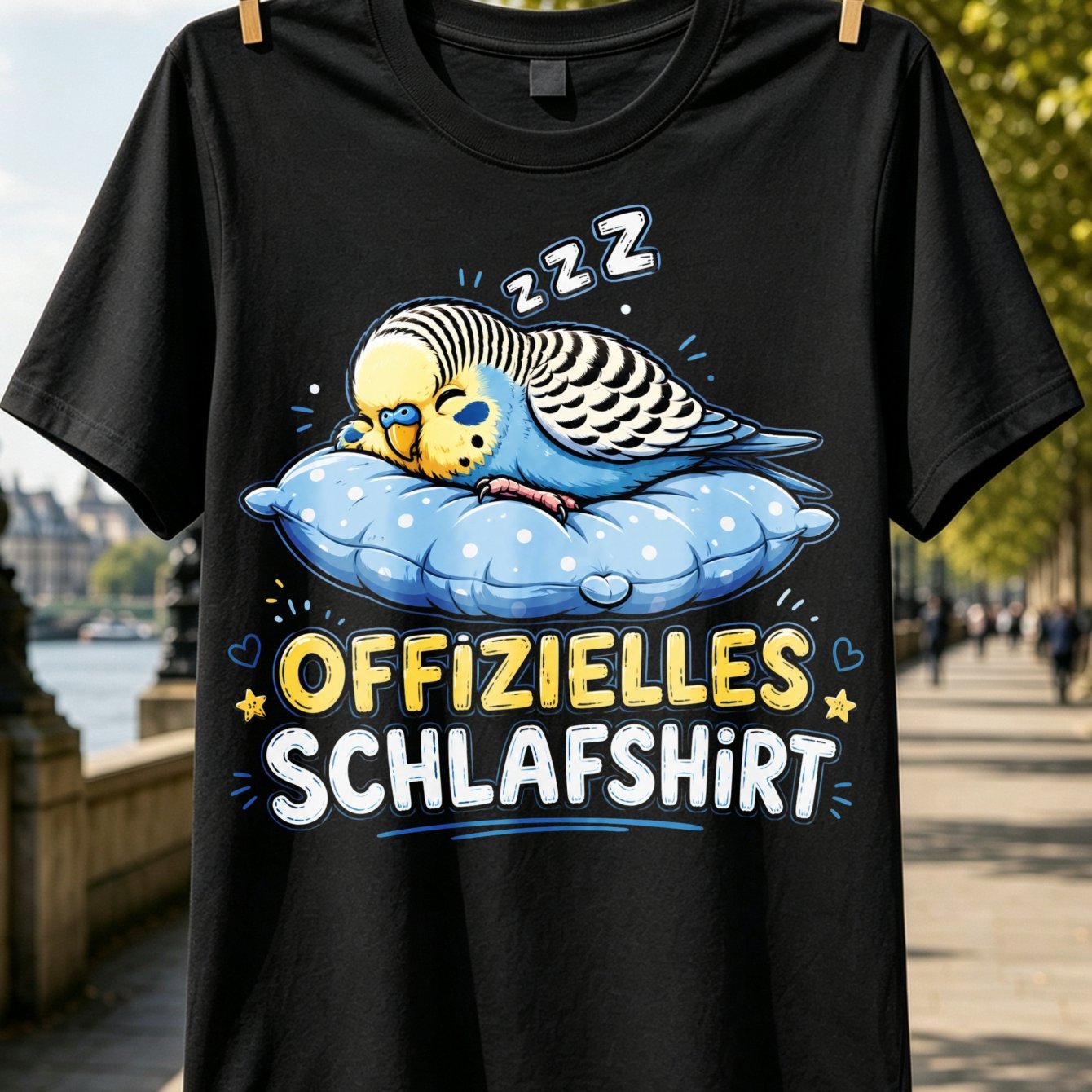 Offizielles Schlafshirt German Text Yellow Blue Budgie On Polka Dot With Zzz Cartoon T-shirt Unisex T-shirt