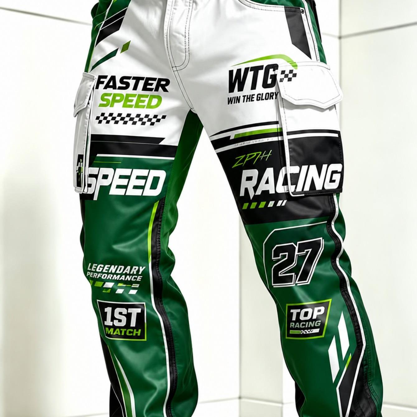 Men's Loose-fit Racing- Print Cargo Pants, Casual Everyday Outdoor Trousers For