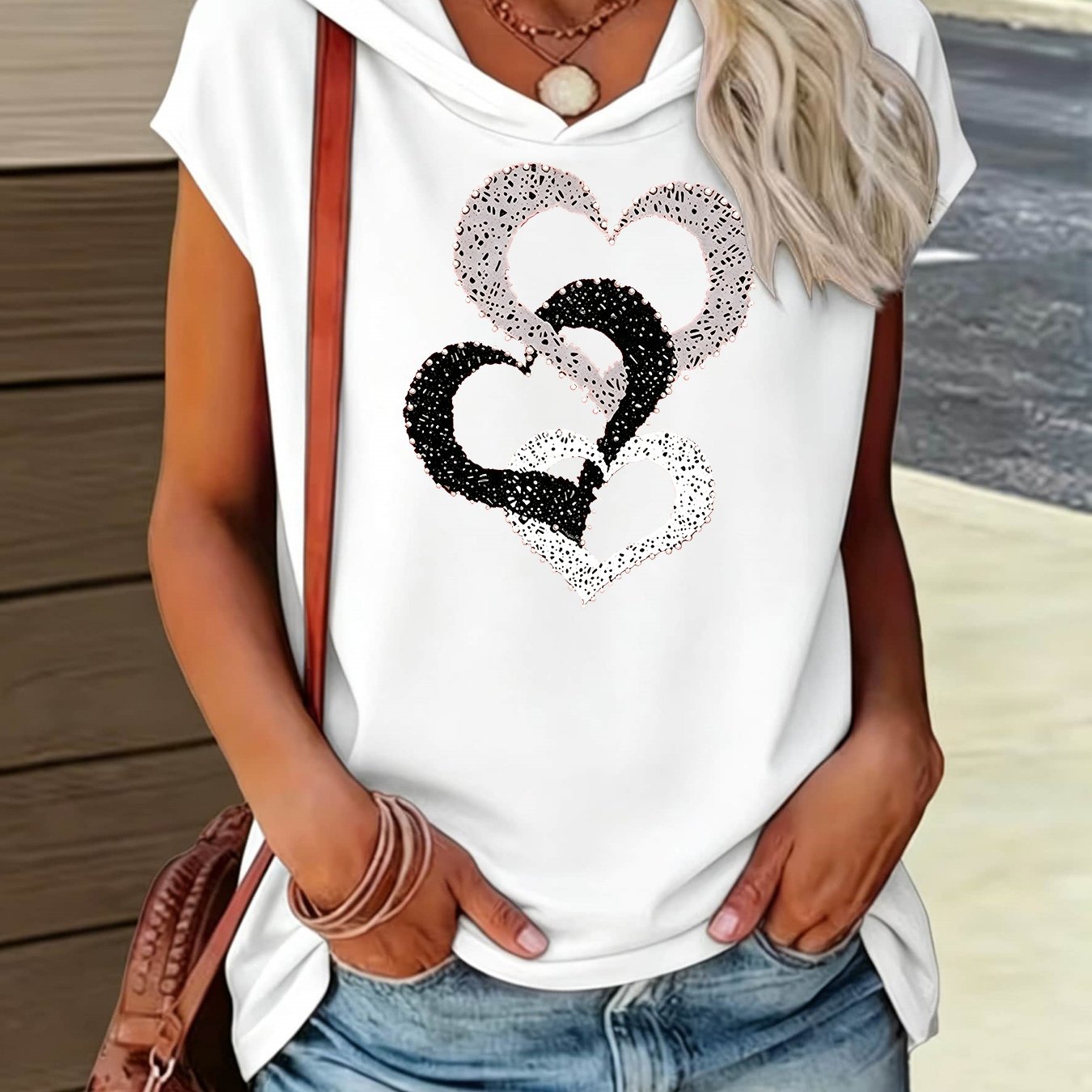 TEMU Women's Summer Triple Layer Heart Print Sleeveless Hooded T-shirt, Casual Loose Tank Tops, And Daily Wear Tops