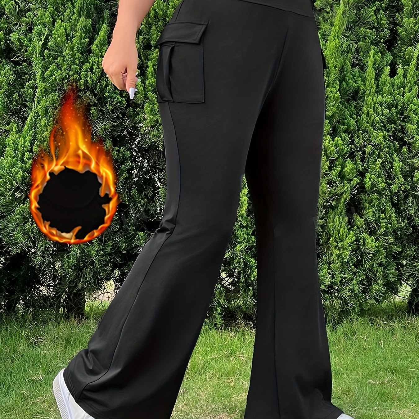 TEMU Women's Plus Size Autumn Winter Stretchy Casual Sports Pants, Thermal Solid Color Wide Leg Trousers With Pockets