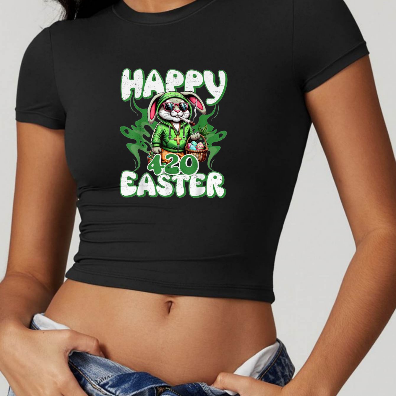 TEMU Happy 420 Easter Bunny Graphic Crop Top T-shirt For Women - Black