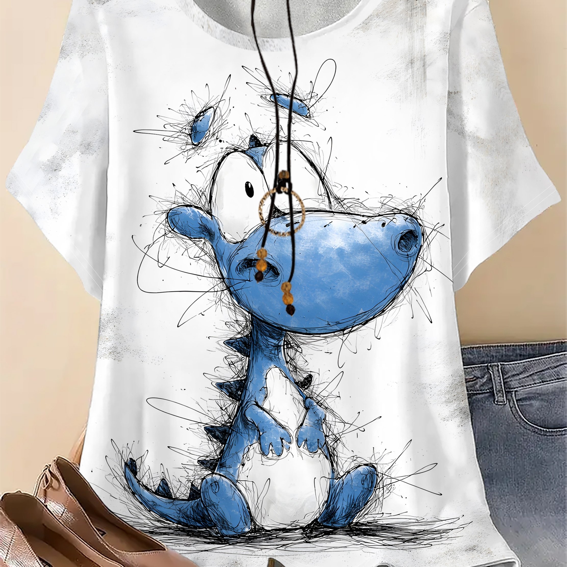 TEMU Plus Size, Plus-size Women's T-shirt Suitable For Casual Wear & Gifts - Full-body Dragon Print Round Neck Short Sleeve Blouse-compatible Top |