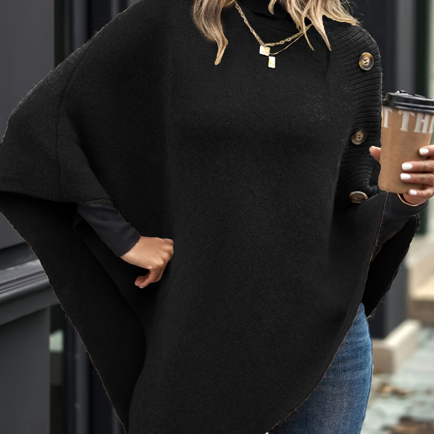 TEMU Elegant Special "slim Fit Bust" 1 Elegant Women' Color High-neck Shawl Pullover, Side Button Decoration, Asymmetrical Design, 100% Polyester,
