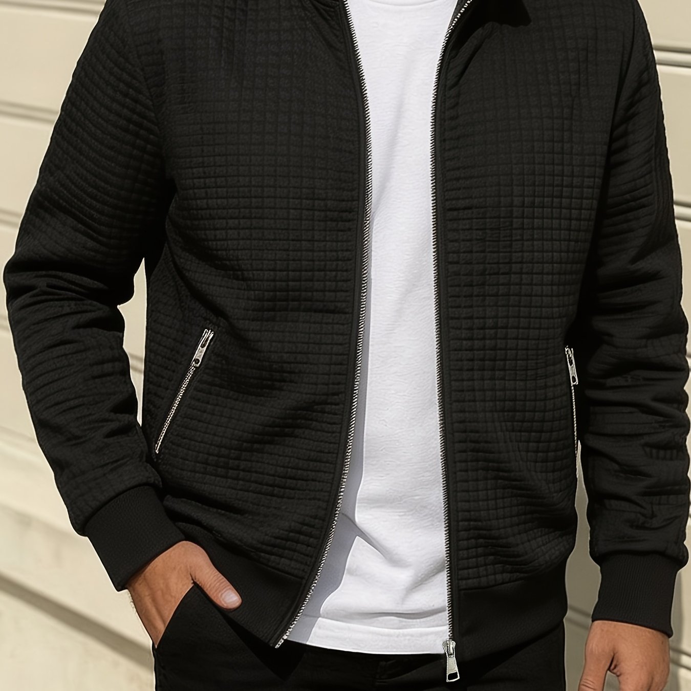 TEMU Spring/autumn ' Color Lapel Waffle Knit Long Sleeve Zipper Jacket, Comfortable And Breathable Outdoor Sports Men's Outerwear, Practical Jacket
