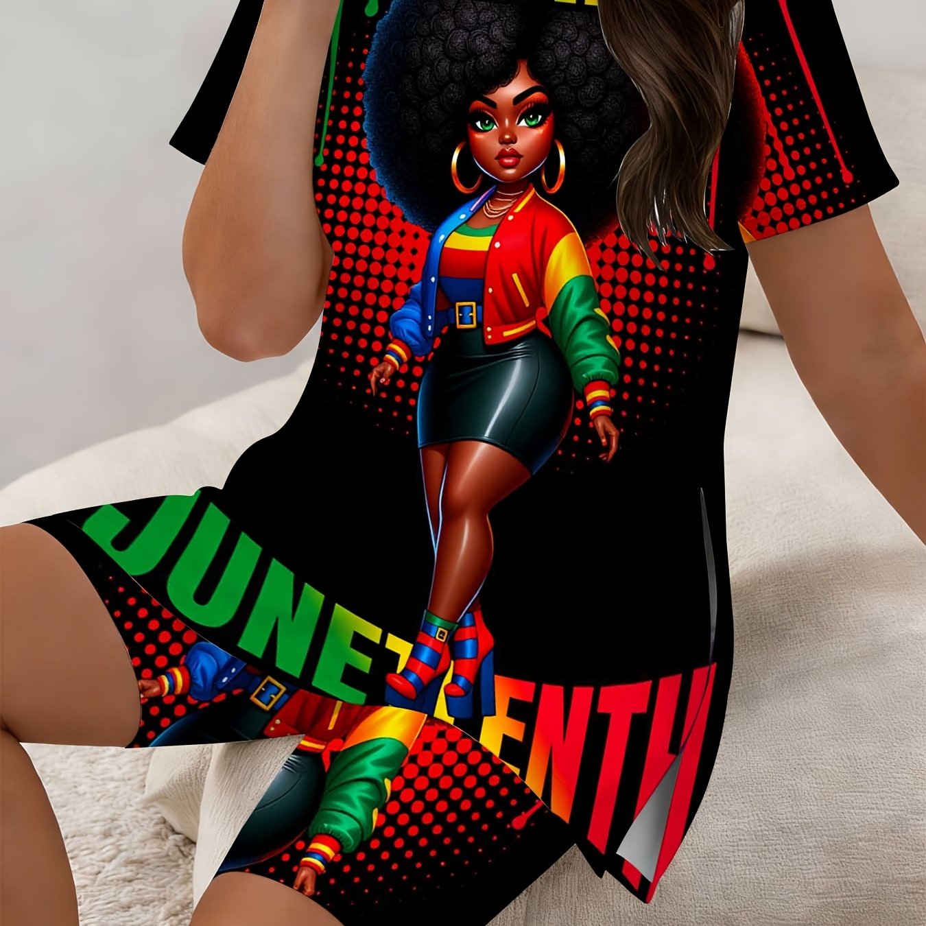 TEMU Juneteenth Celebration Dress With Side Slit Short Sleeve Fitted Shorts Black Color Featuring Afro Woman In Rainbow Outfit And Juneteenth Text