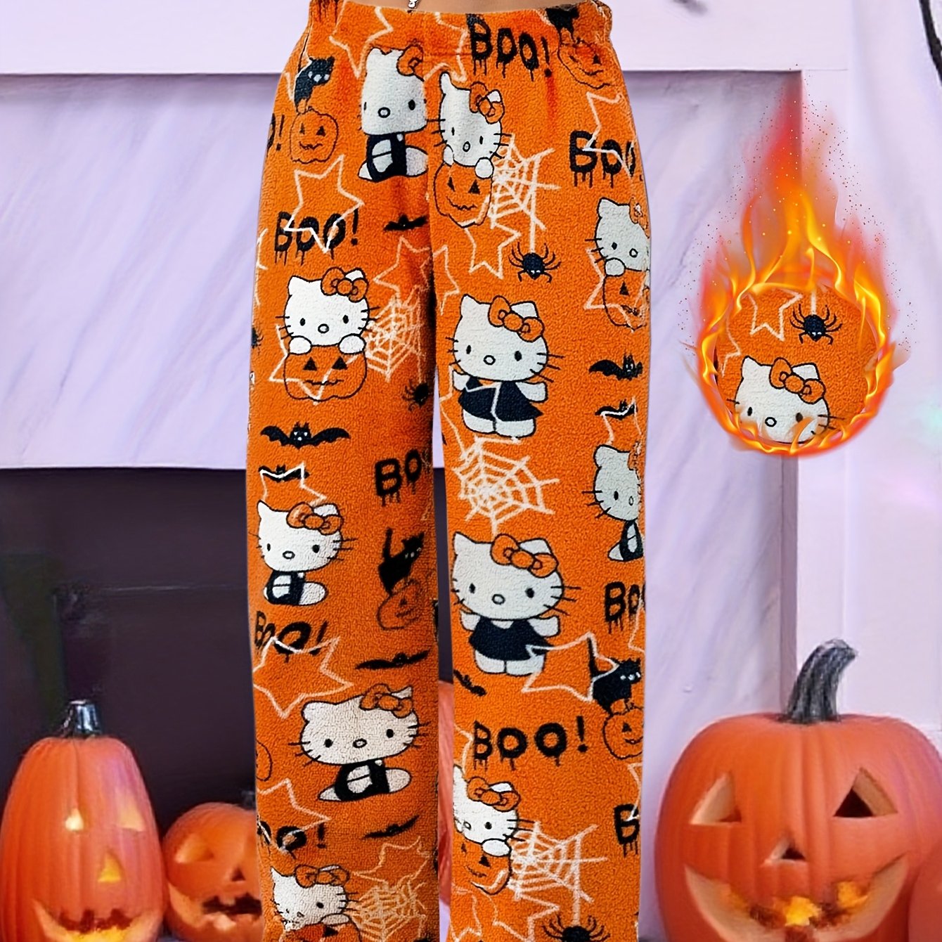 Image of Halloween Themed Hello Kitty Plush Pants | Cute Pumpkin And Bat Wear, -lined For , Comfortable, The Perfect Christmas Gift