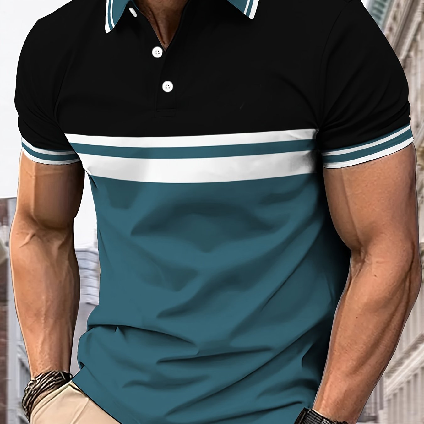 TEMU Men's Fashion Color Block Shirt, Casual Short Sleeve Golf Shirt, Comfort Fit For Summer Sport & Casual Outings