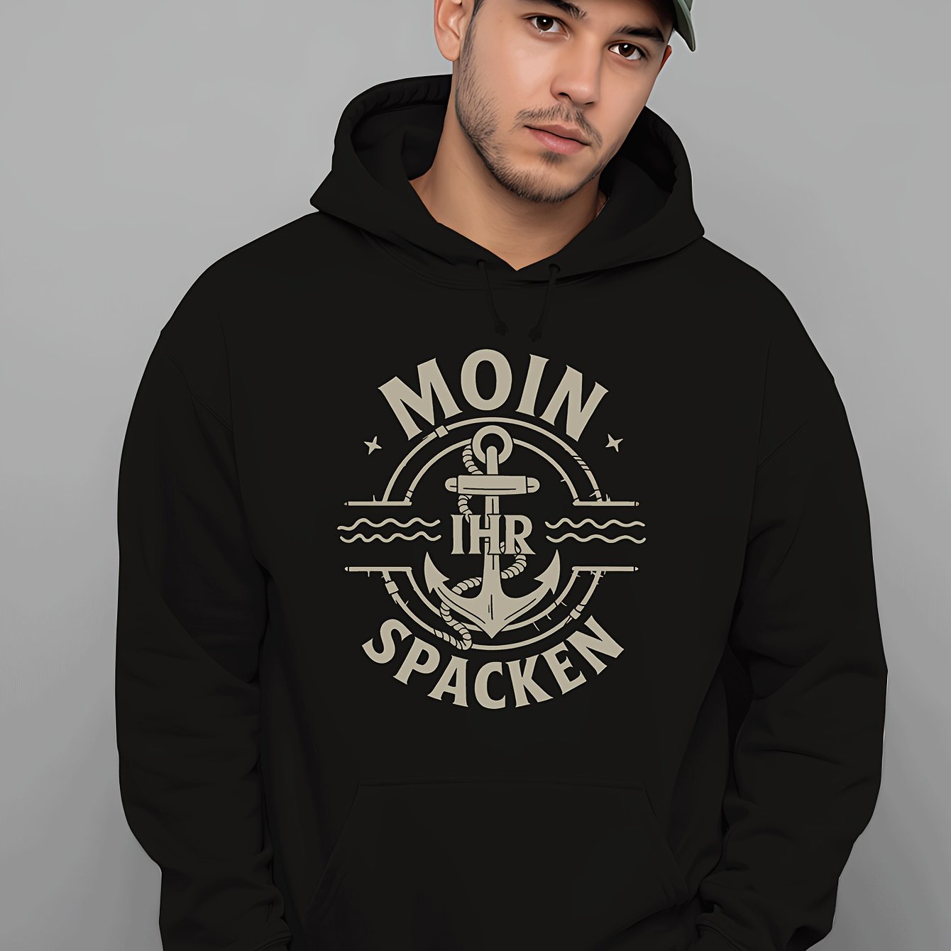 Image of Moin Ihr Men's Fleece Hoodie - Navy Blue, Cozy Winter & Autumn Sweatshirt With Anchor Graphic, Long Sleeve Casual Top, Perfect Gift For Men
