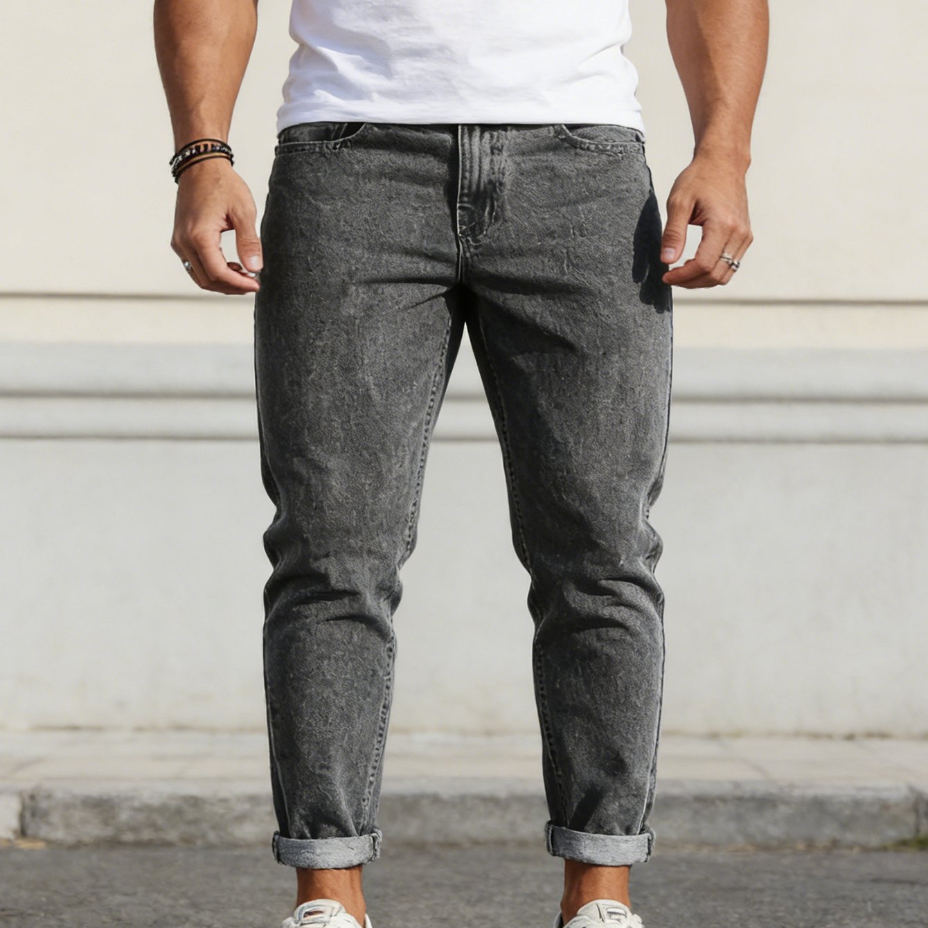 Image of Hme-217 Men's Distressed Gray-black Frayed Hem Jeans High-street Style Relaxed Tapered Fit European& American Minimalist Vintage Everyday Versatile Denim Pants
