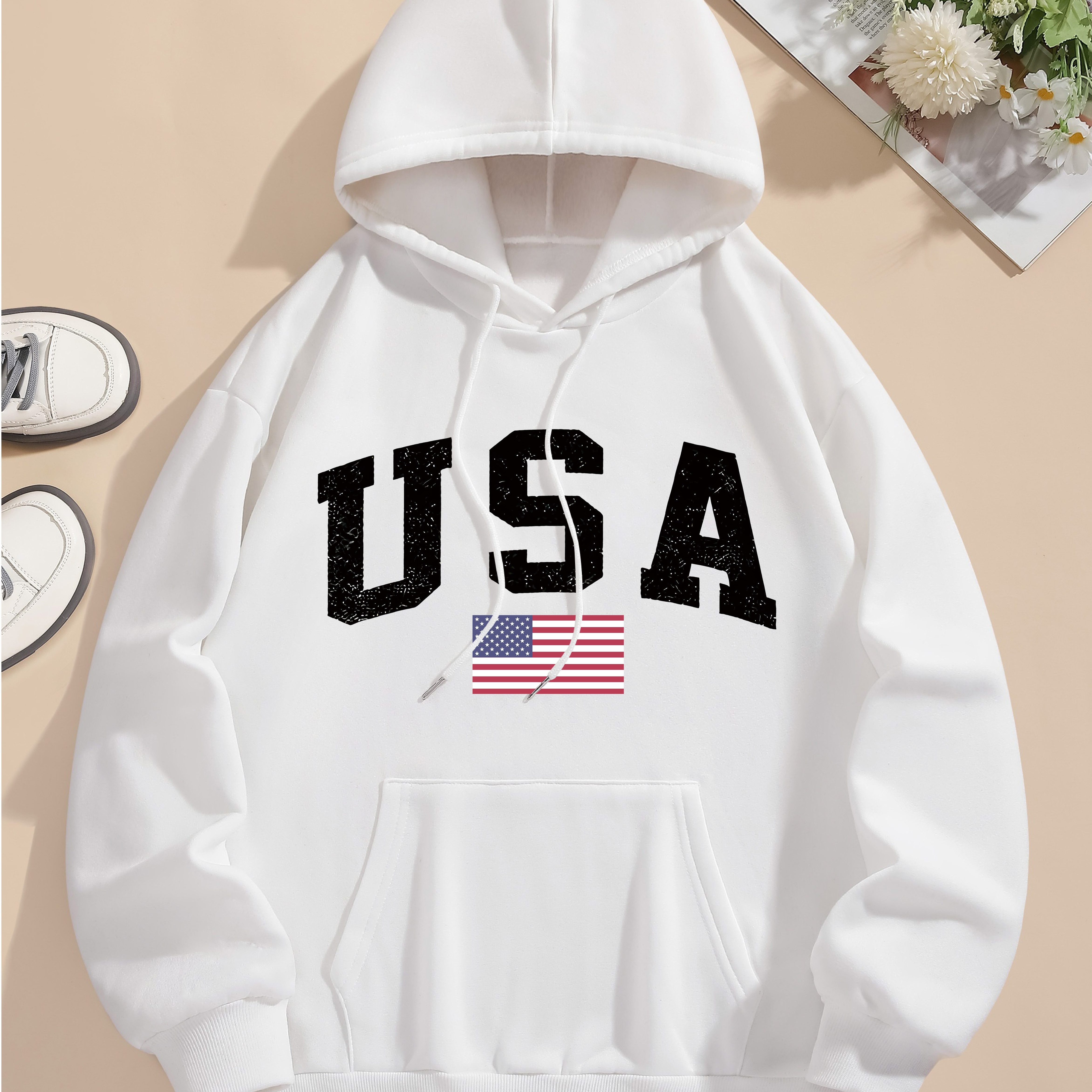 TEMU Cozy Usa Flag Graphic Hoodie For Women - Casual Gray Polyester Sweatshirt With Drawstring & Front Pocket, Machine Washable, Fall & Winter
