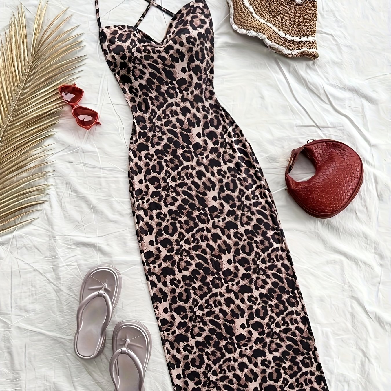 Casual Leopard Print Drop Shoulder Backless Dress