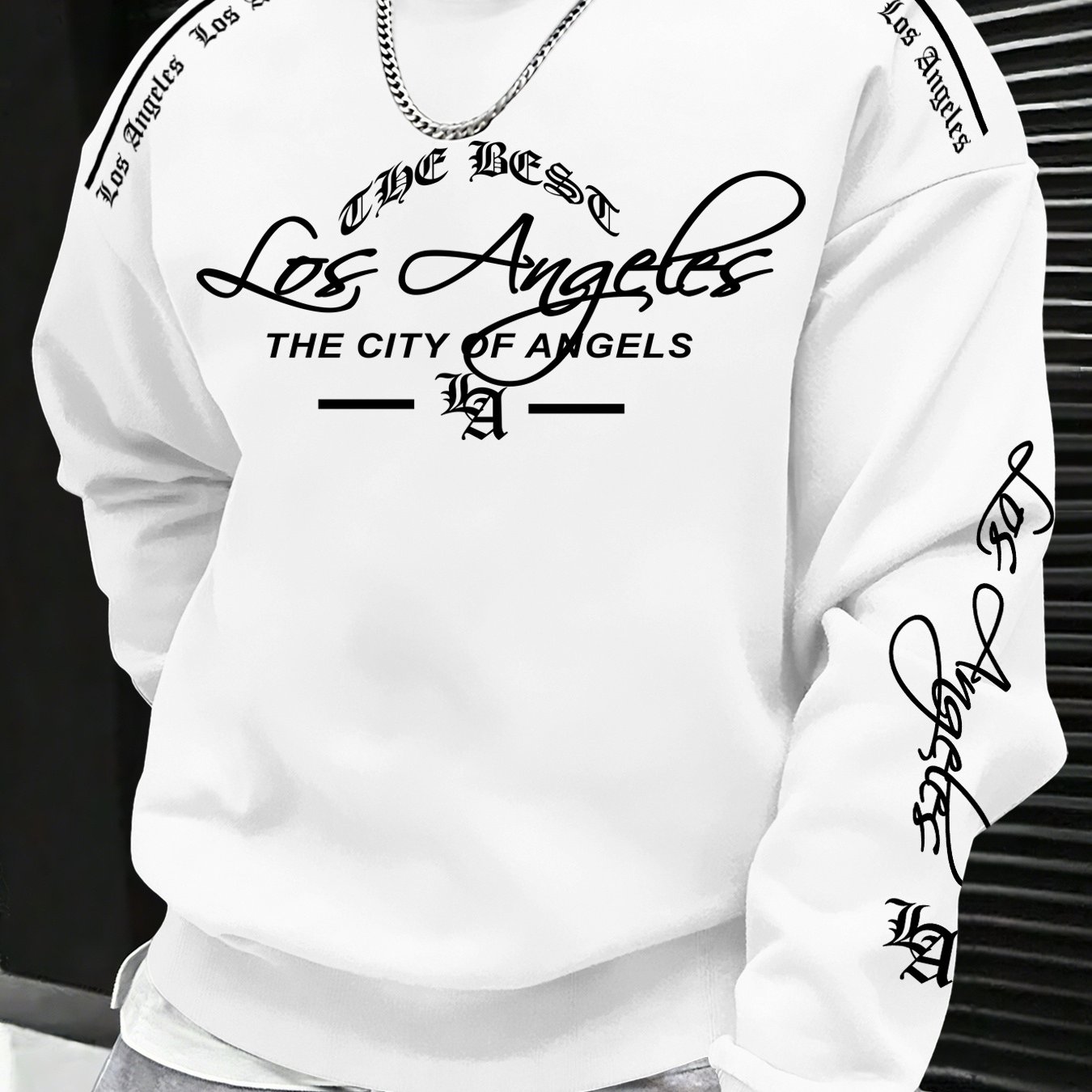 Image of New Arrival Men's Plus Size Crew Neck Sweatshirt Outdoor Streetwear Full Cursive Los Angeles Angels Shoulder Letter Stripe Printed Design Stylish Versatile Cool Trendy Pullover Sweatshirt For Summer