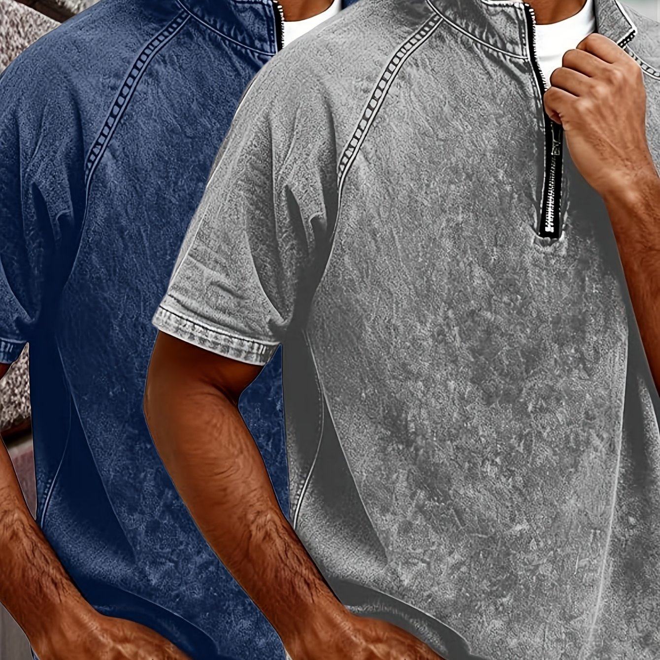 Image of 2pcs Men's Quarter-zip T-shirt Distressed Washed Summer Shirts Casual Short Sleeve Shirts Retro Vintage Loose Fit Tops For Men Pullover Henley Shirt Raglan Sleeve Sports Workout Beach Shirts