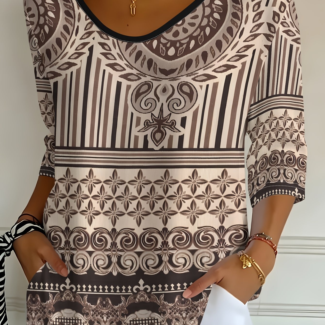 TEMU Women's Coffee-colored Vintage Ethnic Pattern Print V-neck Three-quarter Sleeve T-shirt, Spring/autumn Casual Top