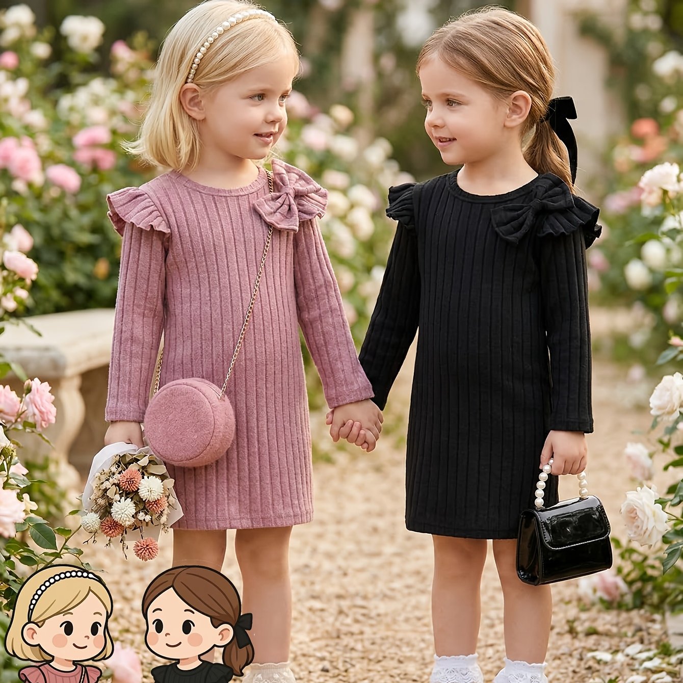 2pcs Set Girls' Autumn Winter Decorative Bow Flutter Sleeves Long Dress, Lining Slim Fabric, Relatively Light And Sheer