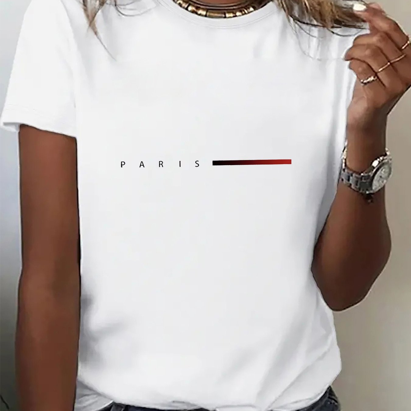 TEMU Women's & Unisex Paris Lettering & Striped T-shirt - Soft Breathable Short Sleeve Round Neck Casual Summer Blouse For Vacation, Party, Casual