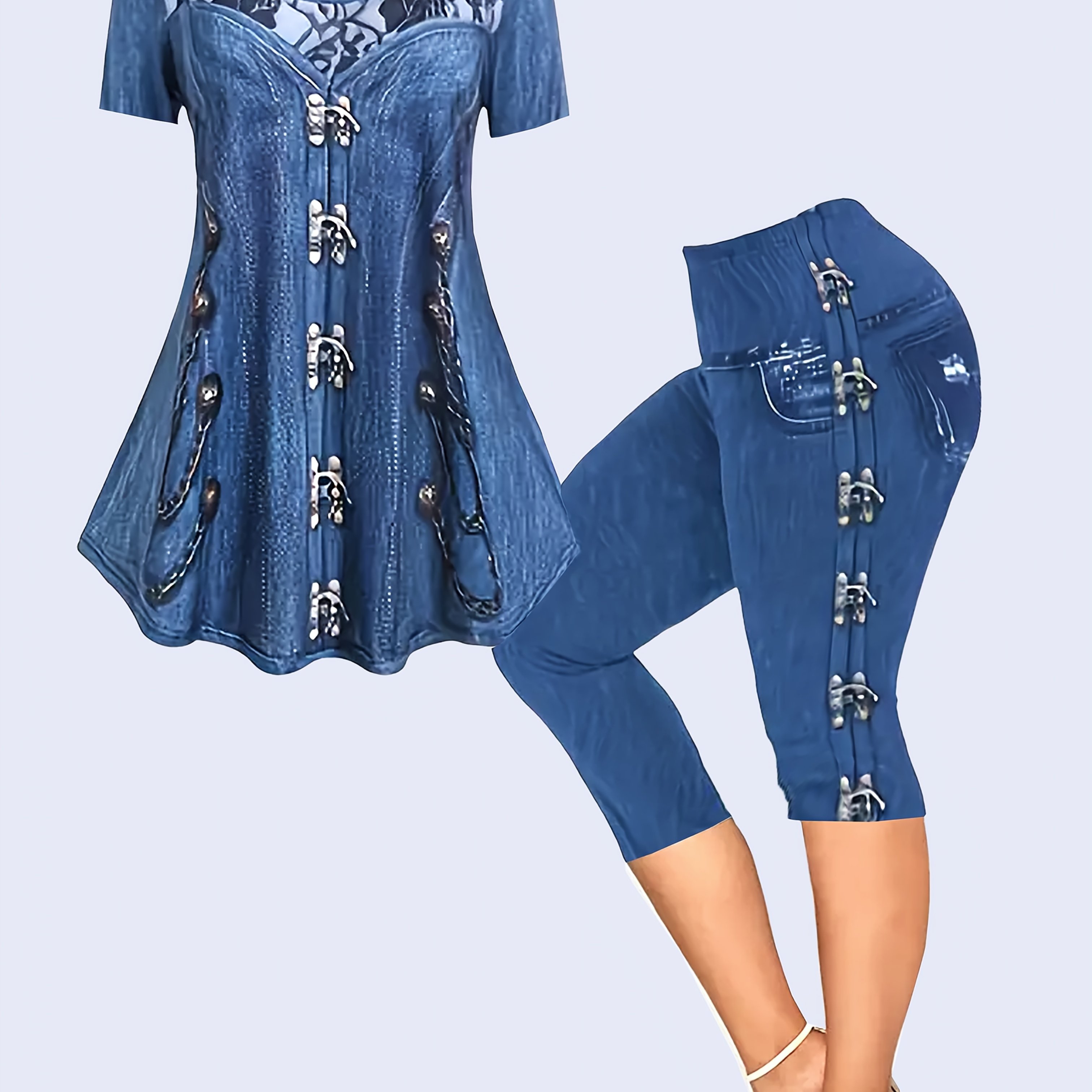 E-shop [Bedruckte Hose - Kein Jeansstoff] Jeans-Optik Kettenmuster Rundhals Kurzarm und Leggings Set, modisches Damenoutfit