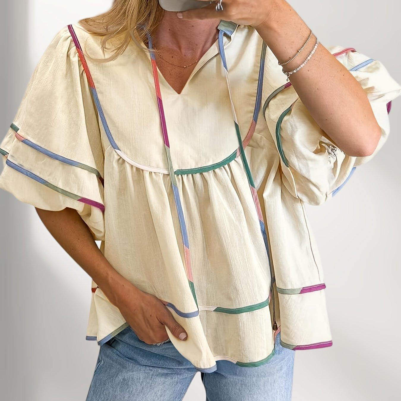 Womens Summer Babydoll Tops V Neck Short Lantern Sleeve Shirts Cute Loose Fit Peplum Flowy Blouses