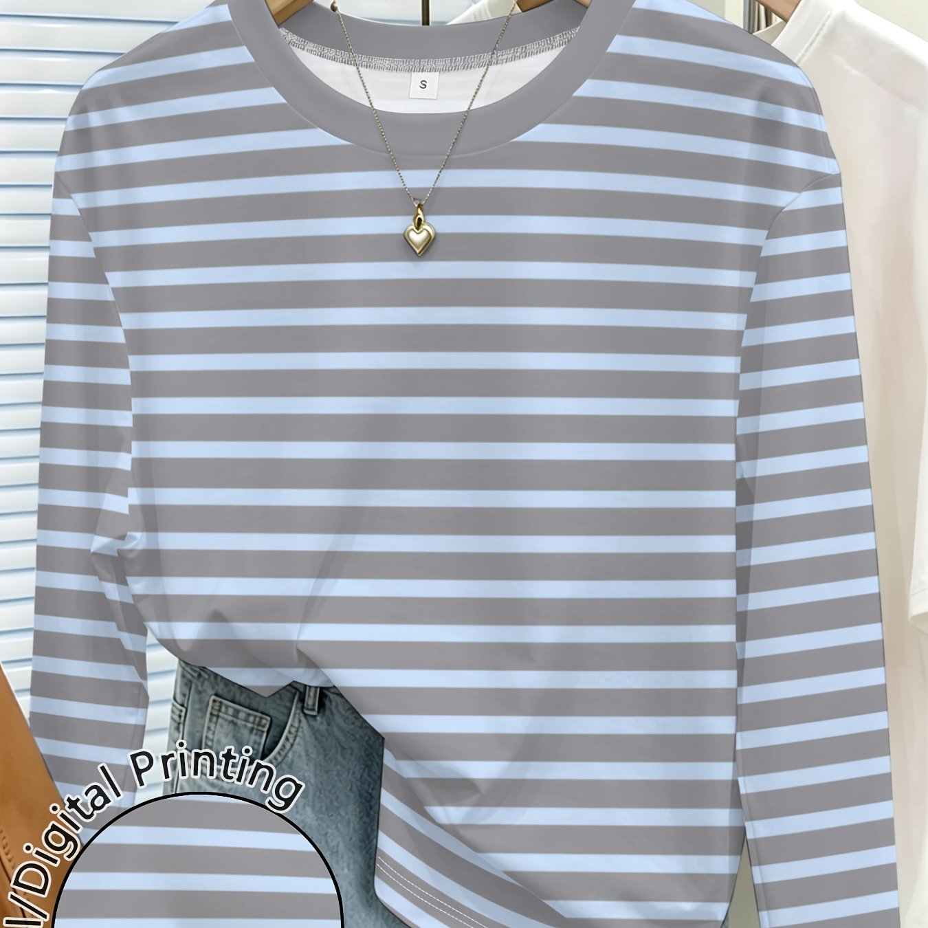 TEMU Easy Striped Women's Long-sleeve Shirt, Easy To Match, Thin And Comfortable, Breathable, Suitable For Everyday Casual Fashion Trends, Base Layer