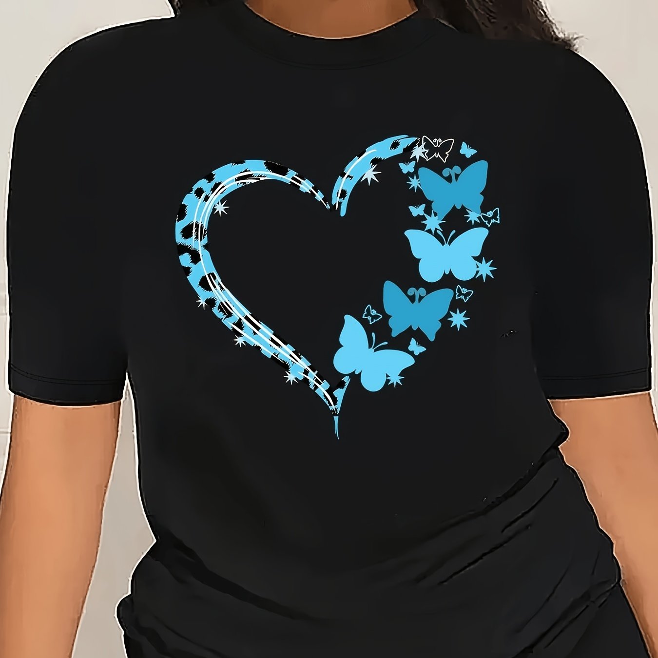 TEMU Women's 180g Casual Short Sleeve T-shirt - & Heart Print Garden Neck Suitable For , Lightweight Machine Washable Top, Comfortable Casual Attire,