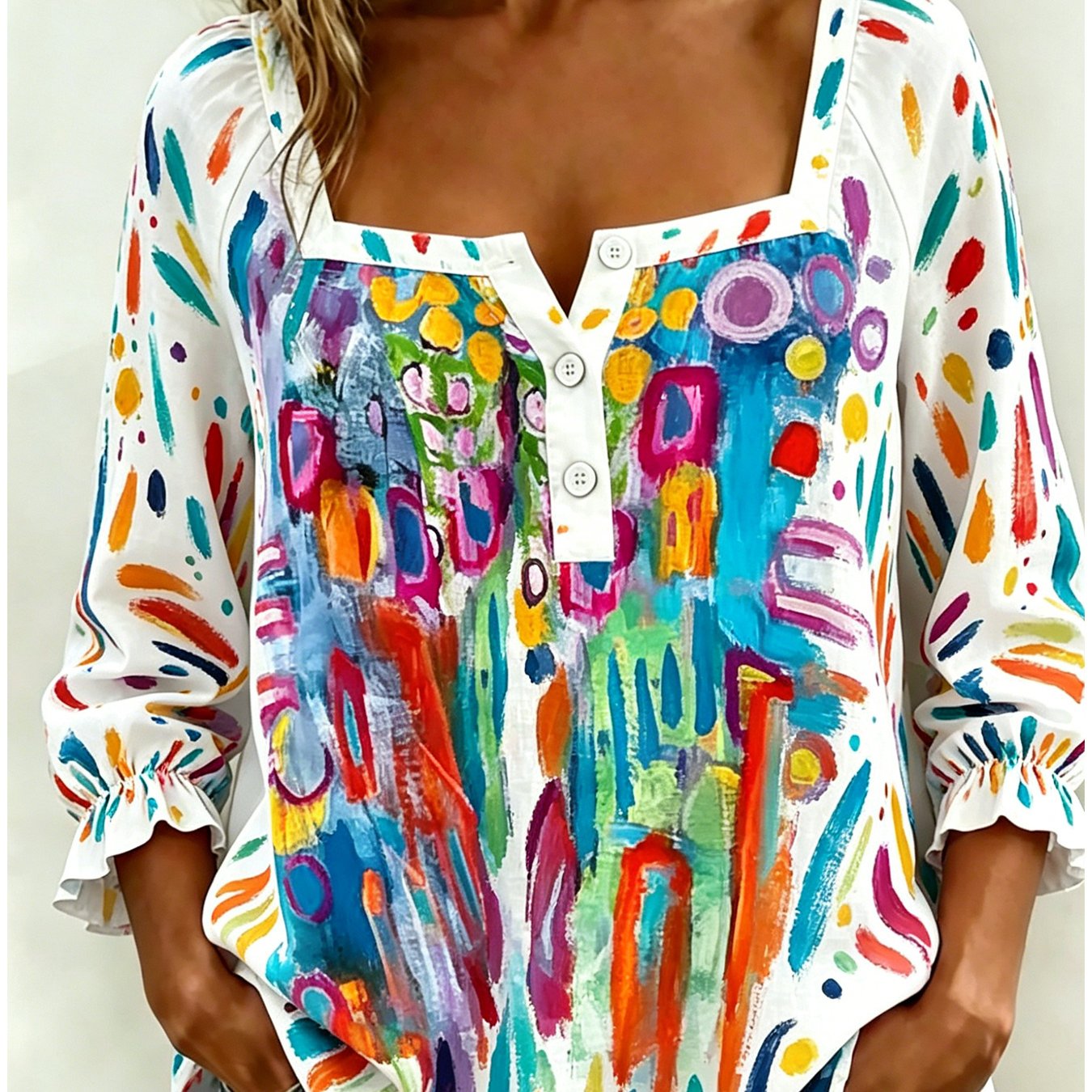Plus Size, 2d Flat Printing Plus Size Women's Abstract Oil Painting Prints Three-button Blouse With Square Neck Design, Comfortable, 2d Flat