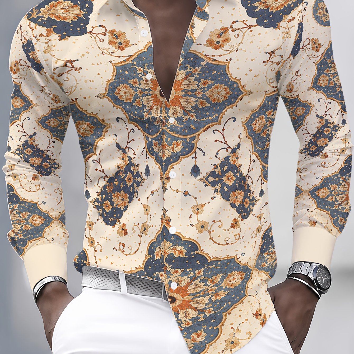 TEMU [printed Design – Not Textured] Men's Casual Long-sleeve Shirt, Men's Vintage Style Printed Long-sleeve Shirt, Stylish And Versatile For Beach