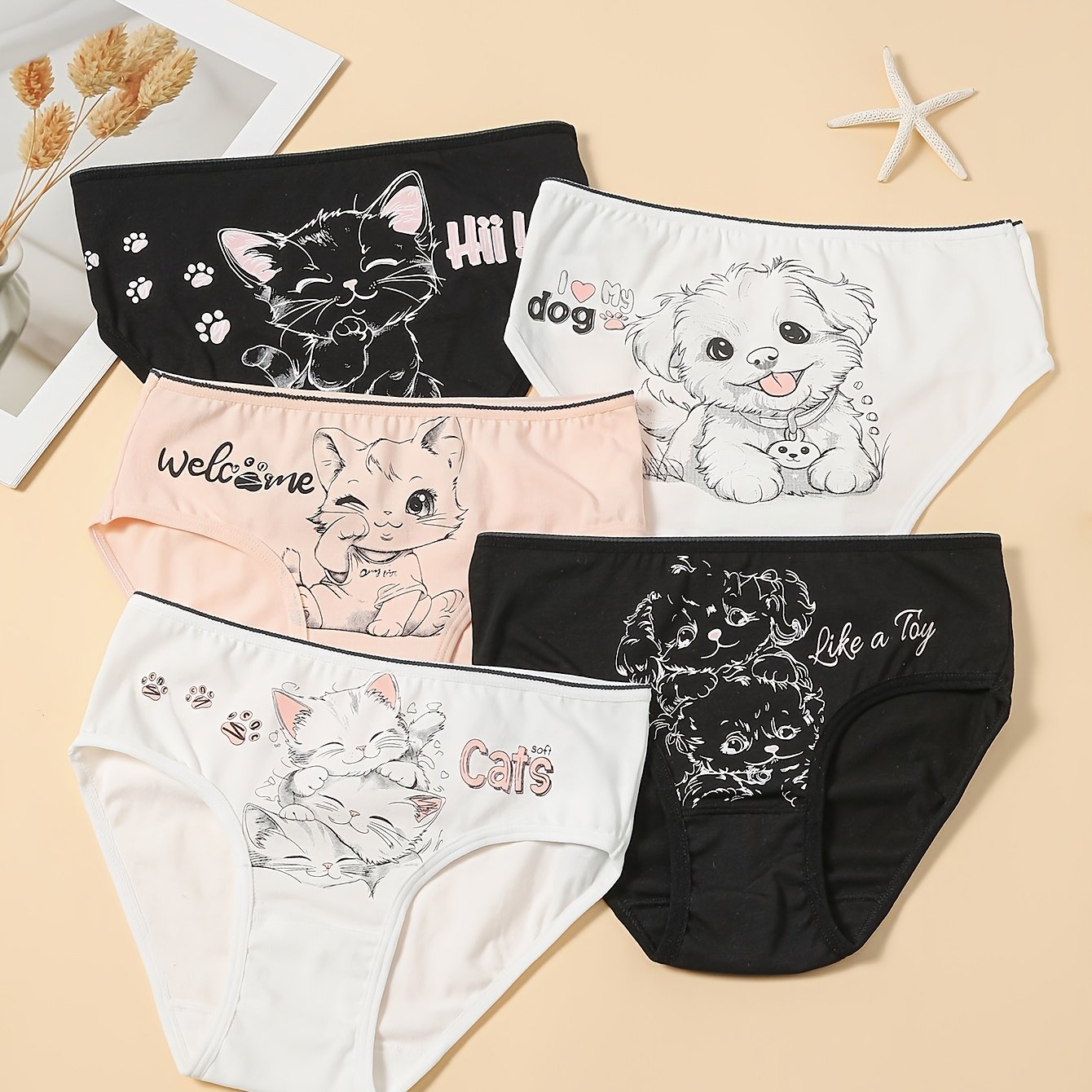 Image of 5 Pairs Of Cute Cartoon Triangle Underwear For Puppies And Kittens, Comfortable And Breathable