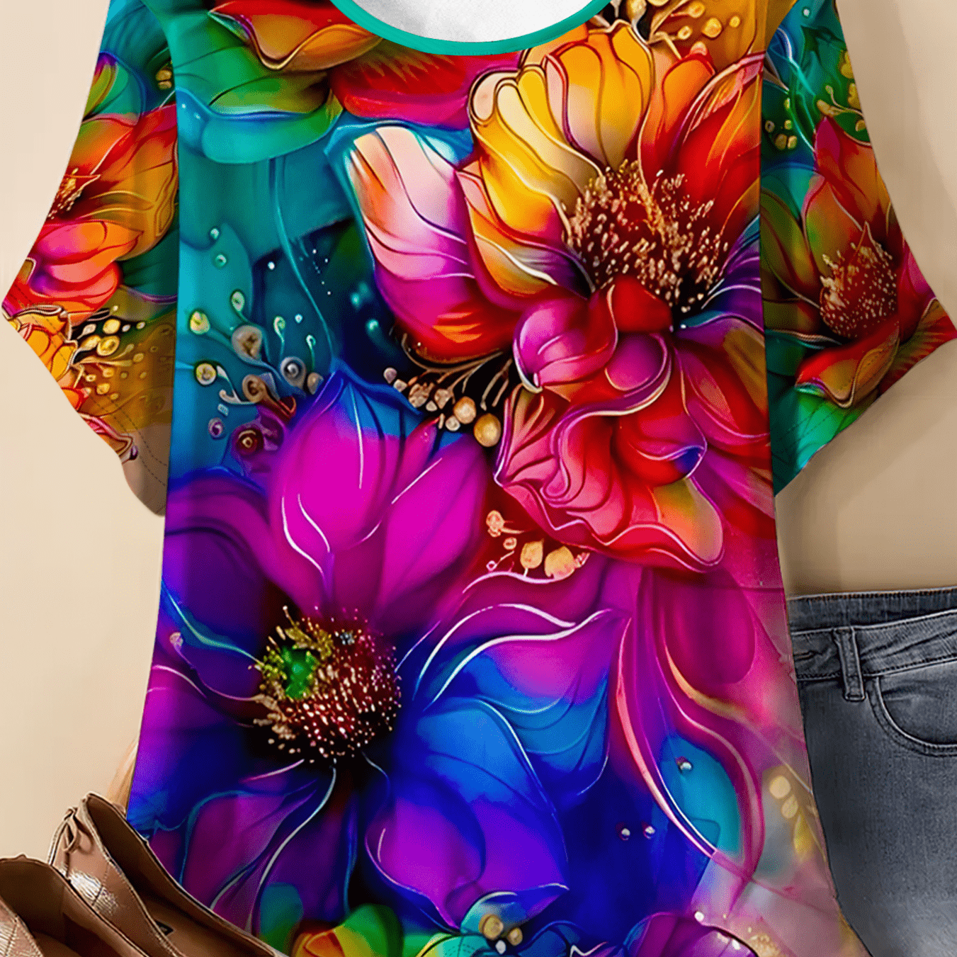 TEMU Vintage Oil Painting Effect Colorful Large Floral Print Short Sleeve T-shirt With Contrast Trim Round Neck, Loose Size Flattering Cover-up Top