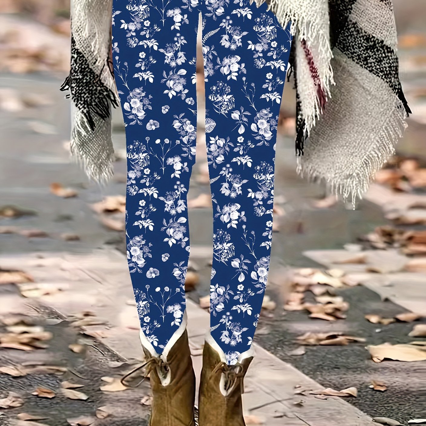 TEMU Plus Size - Plus Size - Plus-size Floral Printed Leggings, Casual Stretchy Base Layer Pants, Women's Plus-size Clothing