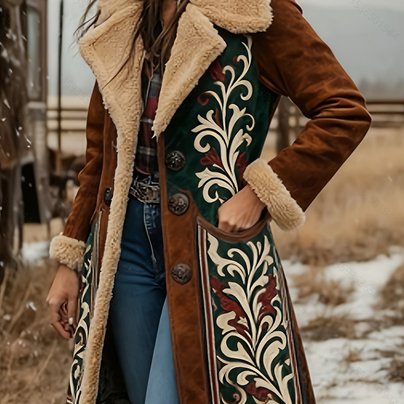 Printed Design Not Textured Ladies' Western Retro Style Autumn And Winter Warm Long-sleeved Retro Printed Jacket Coat - Western Printed Jacket Lapel Coat