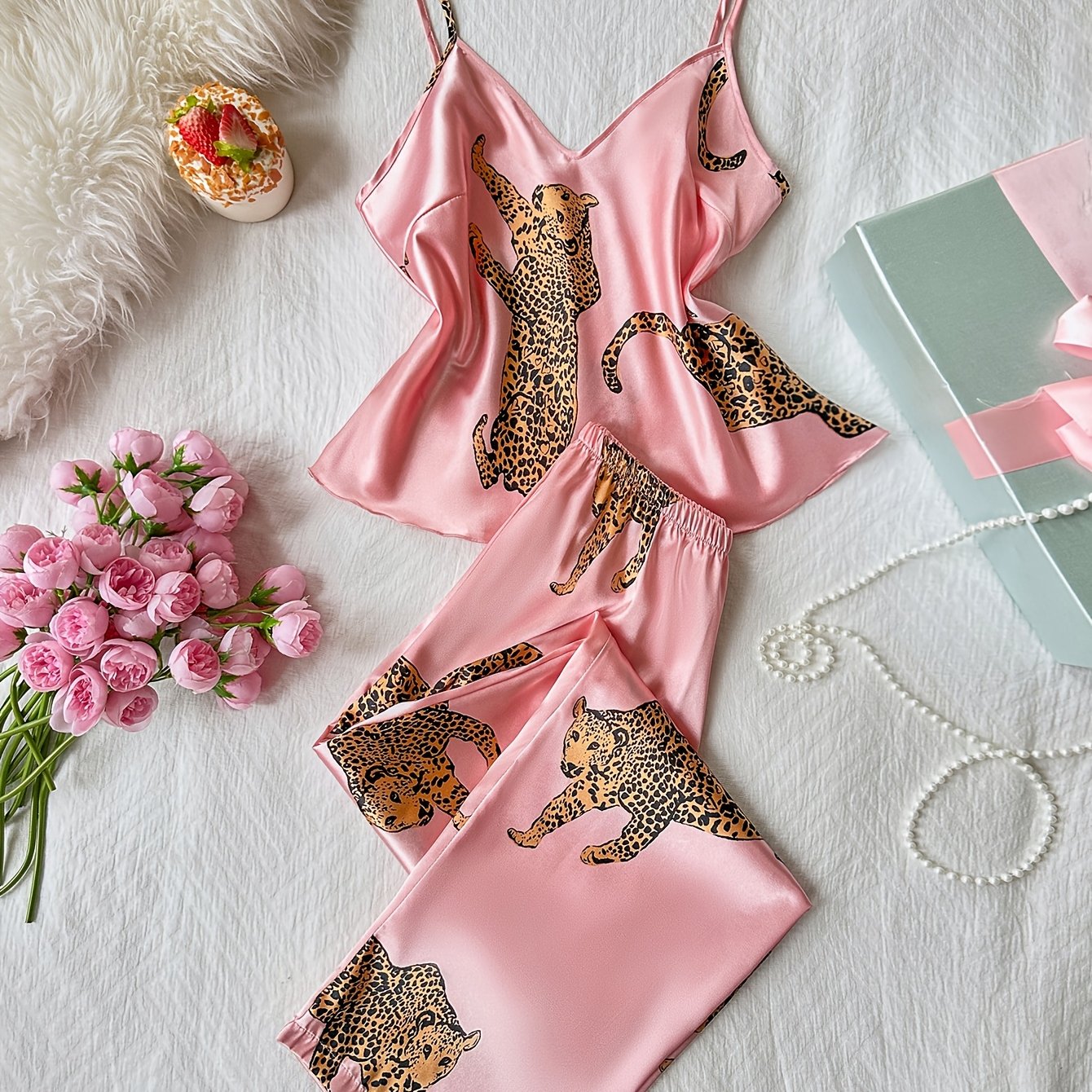 TEMU Comfortable And Elegant Leopard Print V-neck Camisole And Long Pants 2pcs Set