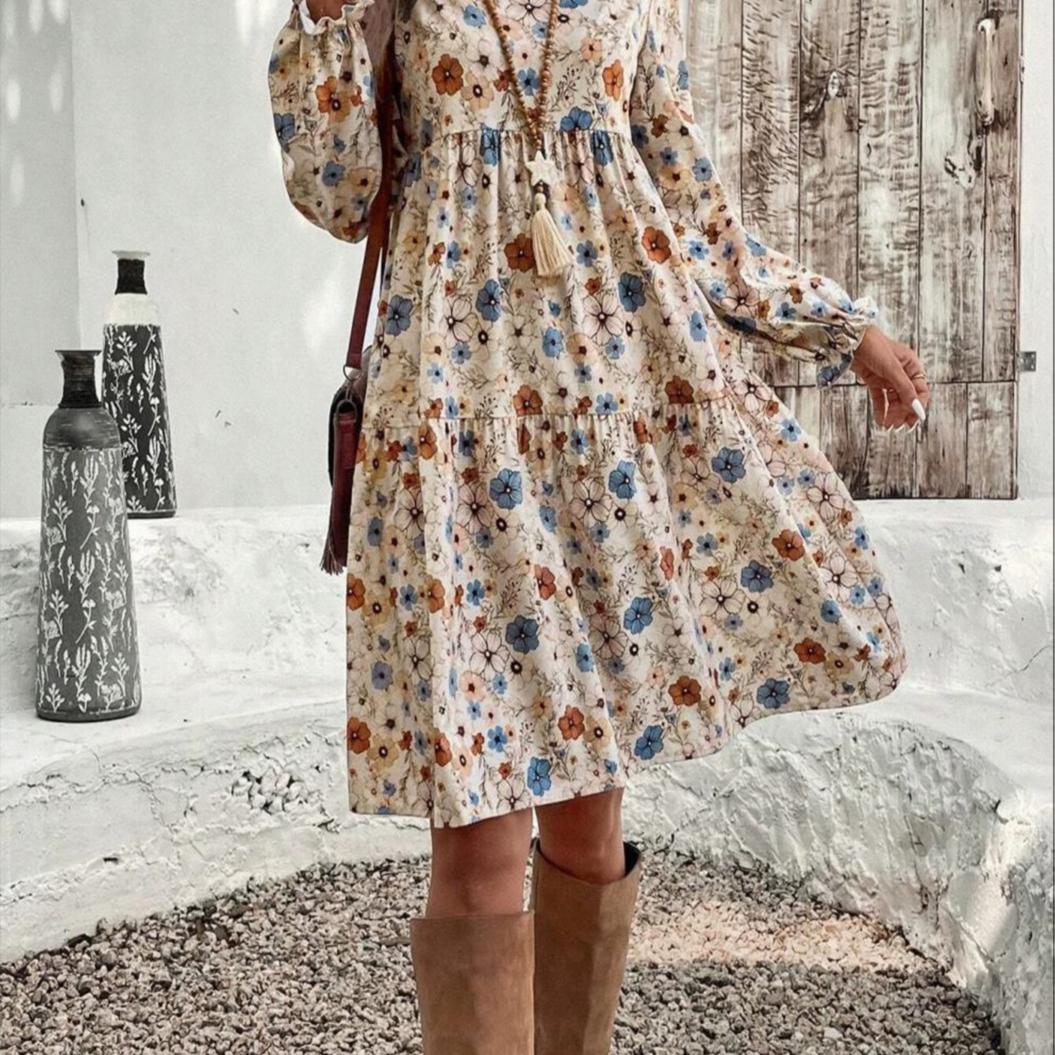 TEMU New French Bohemian Vintage Floral Dress - Long Sleeve Round Neck High Waist Tiered Midi Dress, Retro & Versatile For Daily, Vacation & An 's Dress