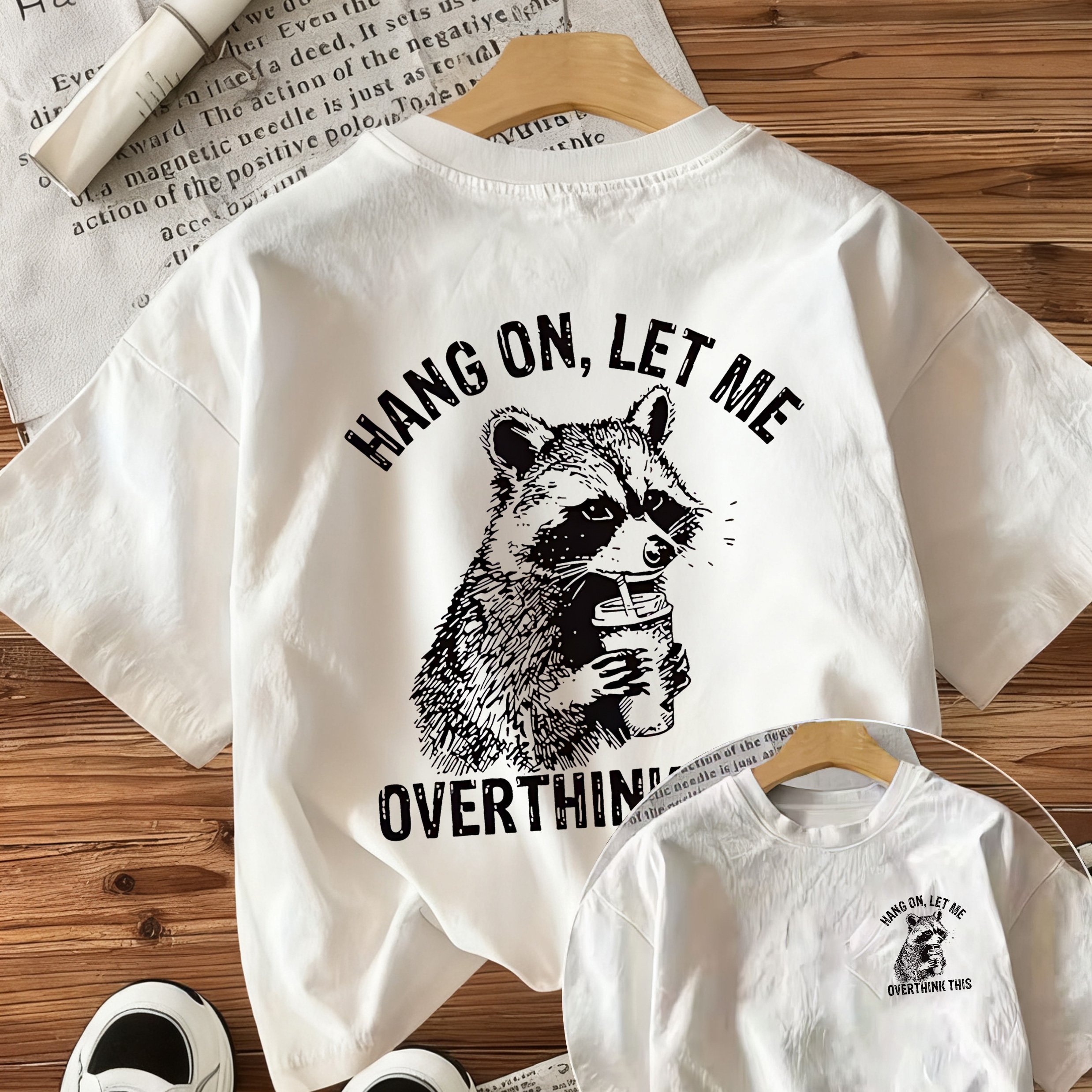 TEMU Women's Raccoon Overthinking Print T-shirt - Funny Crazy Pondering Design, Casual Loose Fit Short Sleeve Blouse For Spring Summer Casual Attire,
