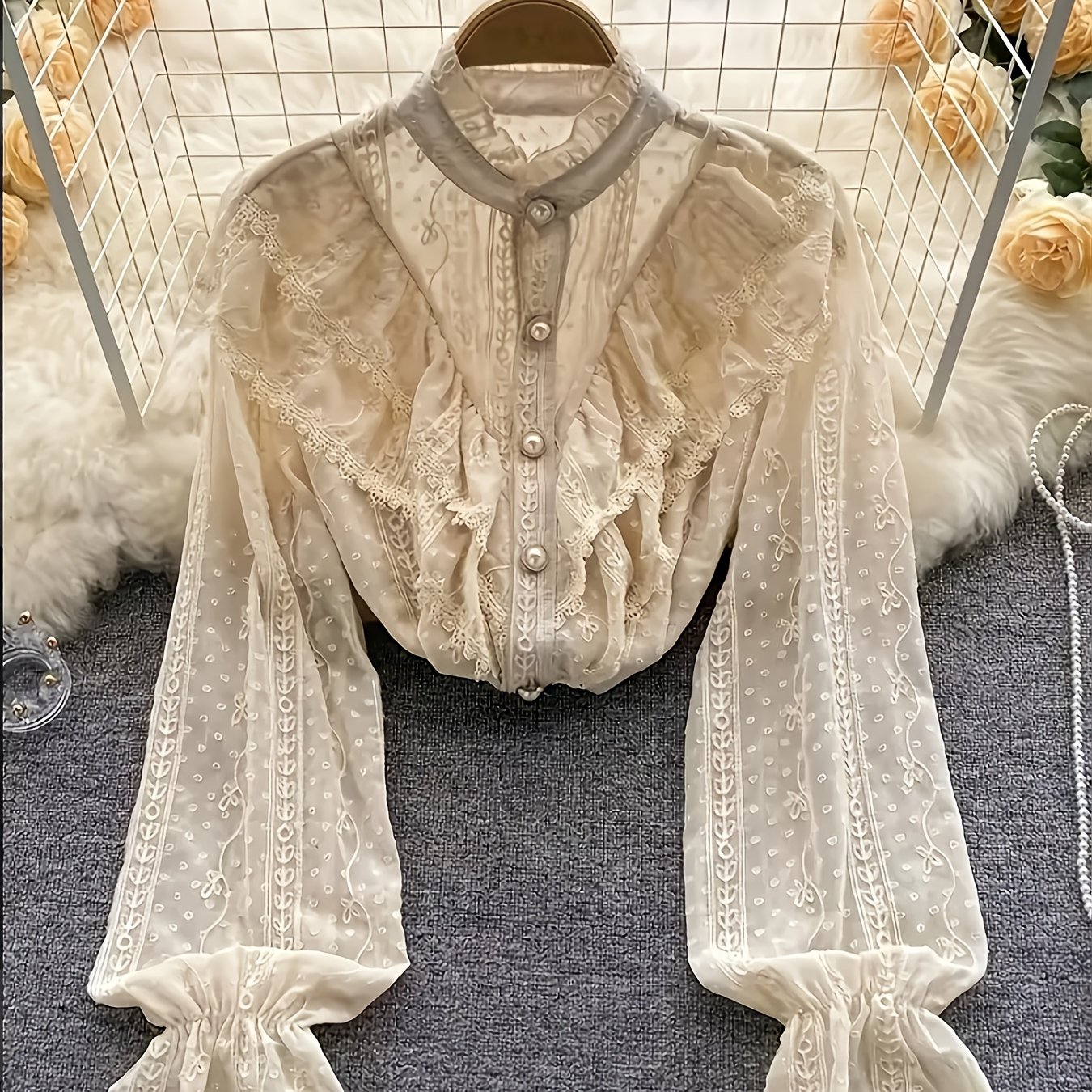 TEMU 【レディース】ト 刺繍 シャツ、性格のある レース フリル トップス